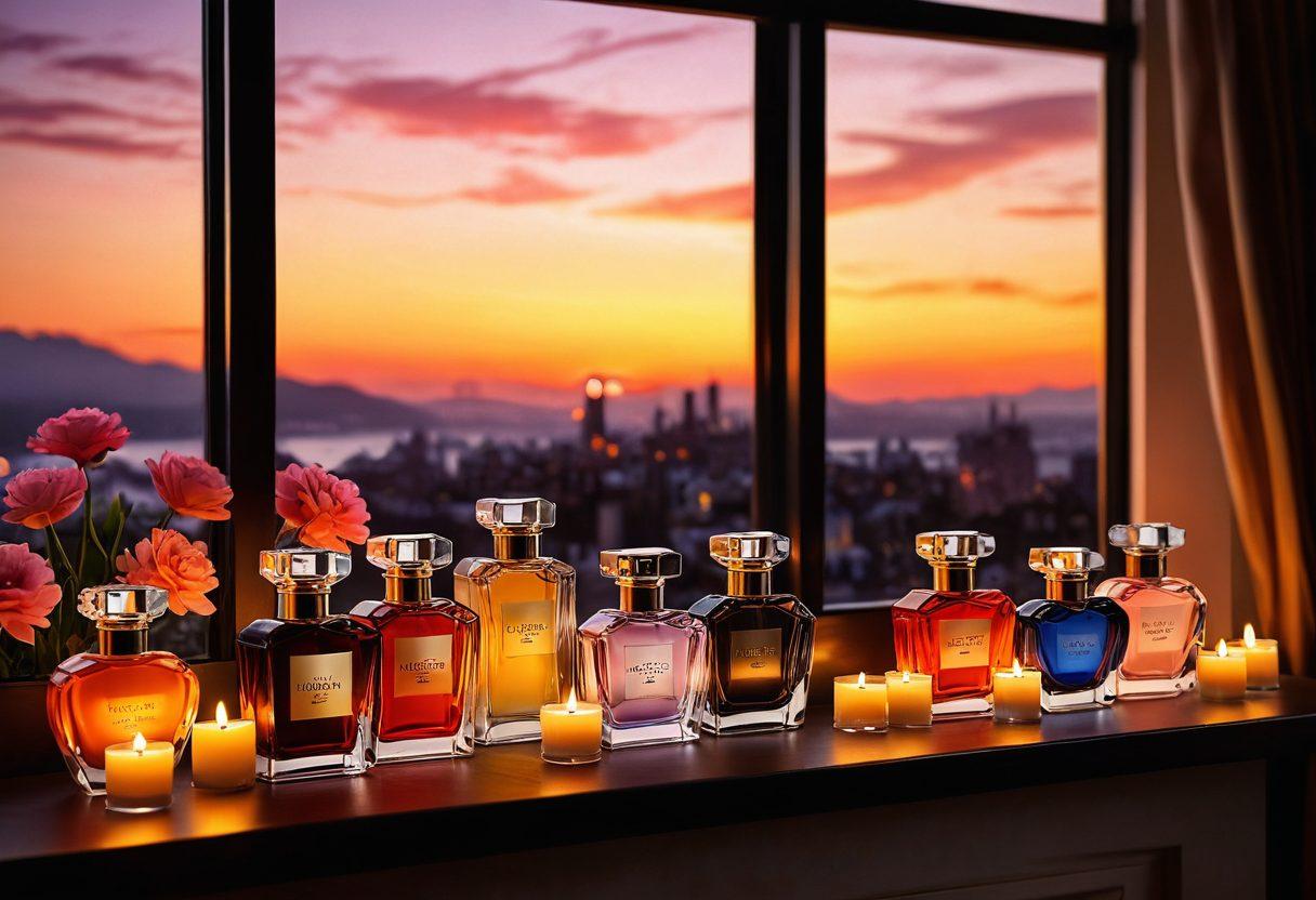 A serene and elegant fragrance display featuring an array of colorful perfume bottles, surrounded by beautiful flowers and soft candlelight. Include a plush velvet backdrop to evoke a sense of luxury and intimacy. Overlay faintly visible key symbols of love like hearts and locks in the background. Capture a warm sunset glow to enhance the romantic ambiance. super-realistic. vibrant colors. soft focus.