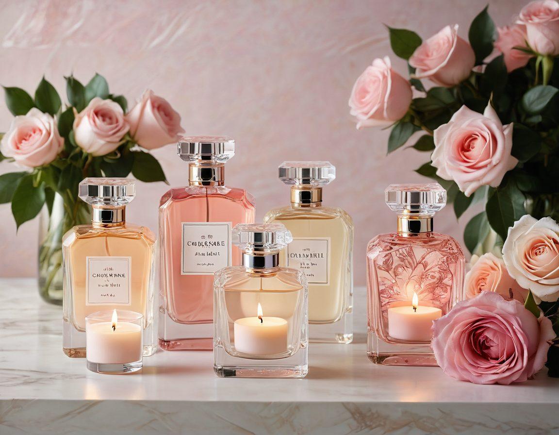 A whimsical display of elegantly designed perfume bottles, surrounded by blooming roses and soft candlelight, conveying a warm romantic ambiance. Include gentle pastel colors, delicate fragrance notes wafting in the air, and a backdrop of a cozy, intimate setting. super-realistic. vibrant colors.