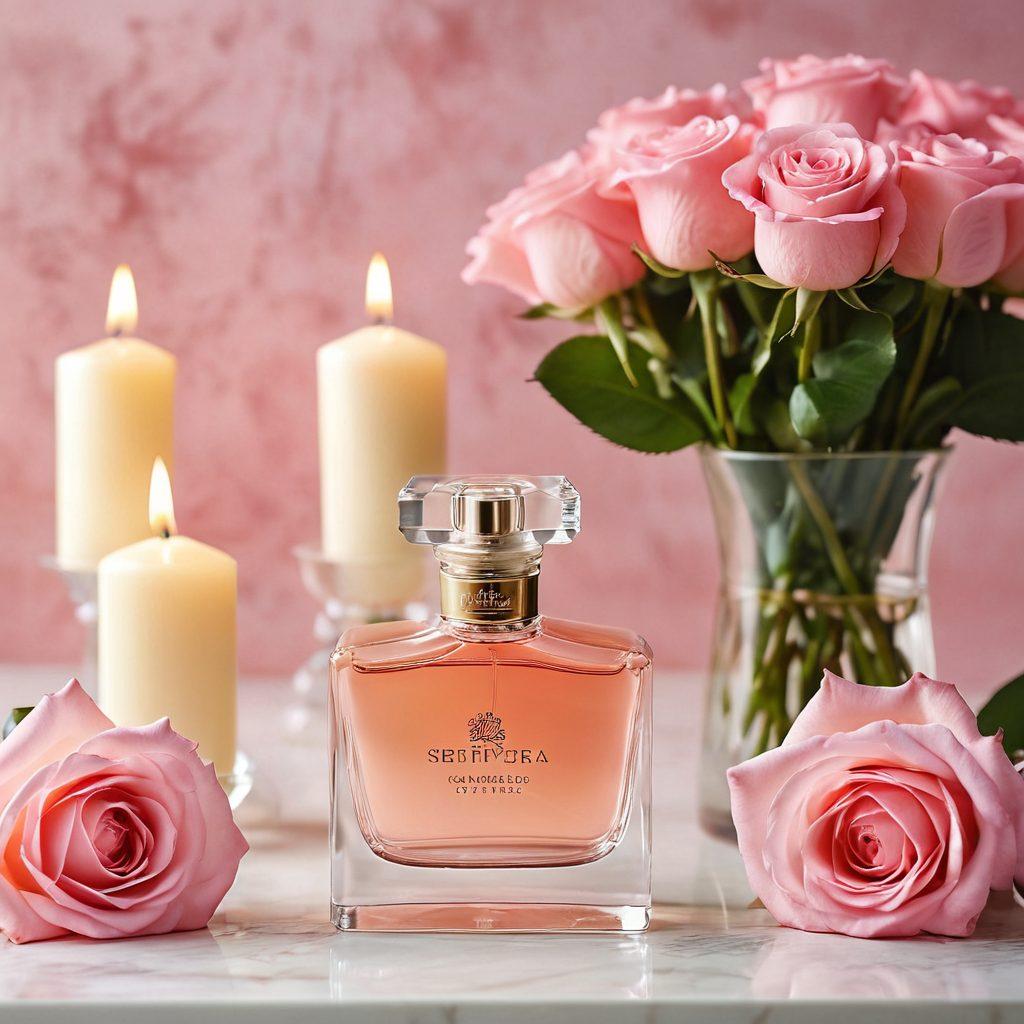 A beautifully arranged aromatic fragrance display featuring an assortment of elegant perfume bottles, each with unique shapes and colors, surrounded by romantic elements like soft roses and delicate candles. The scene conveys warmth and intimacy, hinting at the connection between scents and love. A gentle, dreamy background with soft pastel tones enhances the romantic mood. super-realistic. vibrant colors. soft focus.